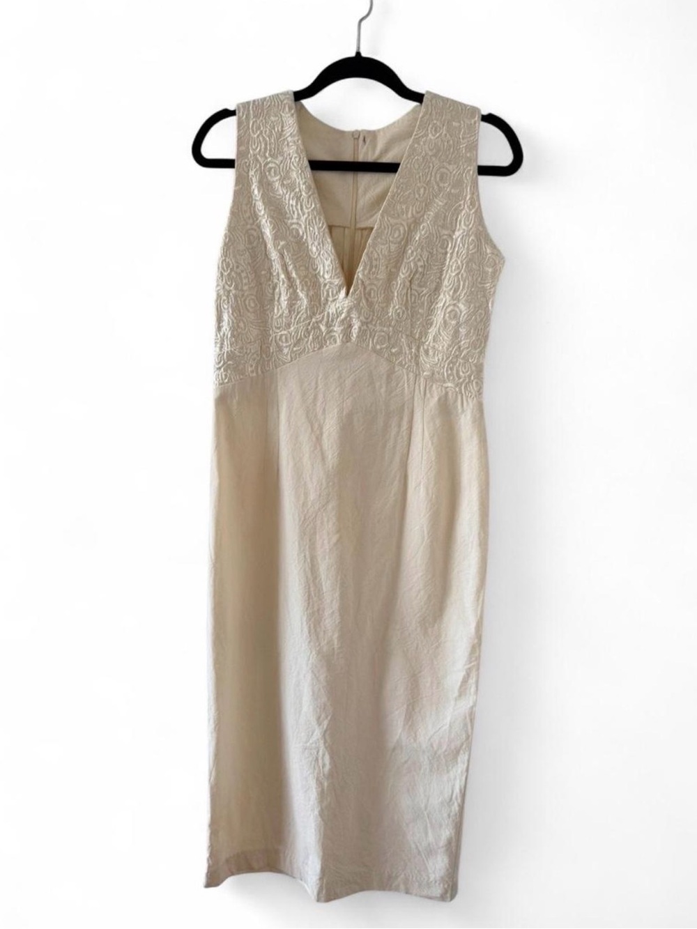 Cream Embroidered V-Neck Midi Dress